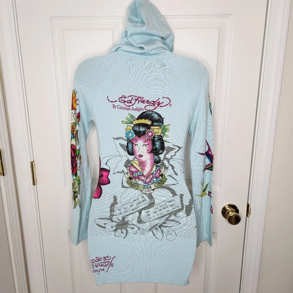 Ed Hardy x Christian Audigier Hooded Sweater Mini Dress Size XS Rhinestone - Picture 5 of 16